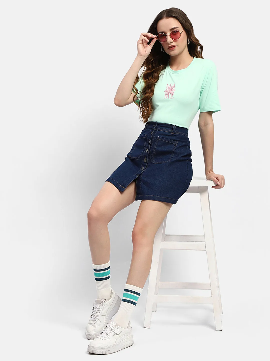 Yarn Dyed Stripes Sporty Fit Madame Embroidered Mint Green Regular T-Shirt