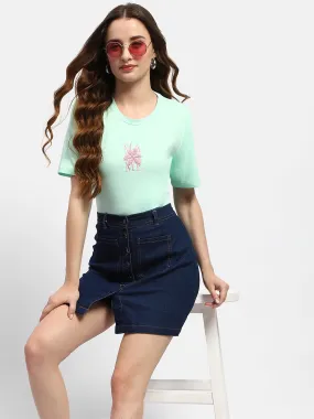 HighThreadCount Comfy Wear Fit Madame Embroidered Mint Green Regular T-Shirt