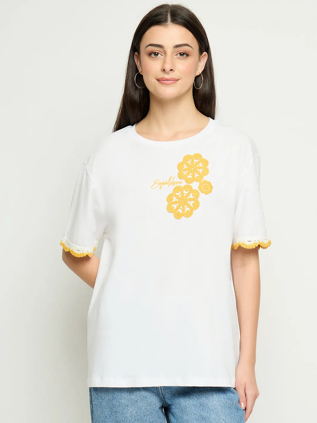 Everyday Trend StretchComfortWeave Madame Embroidered White Cotton T-Shirt