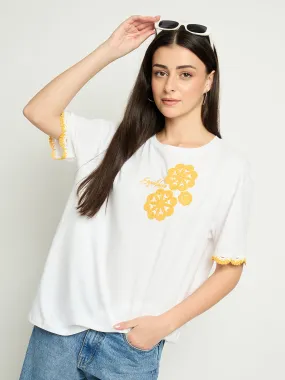 EasyCareFabric Casual Comfort Wear Madame Embroidered White Cotton T-Shirt