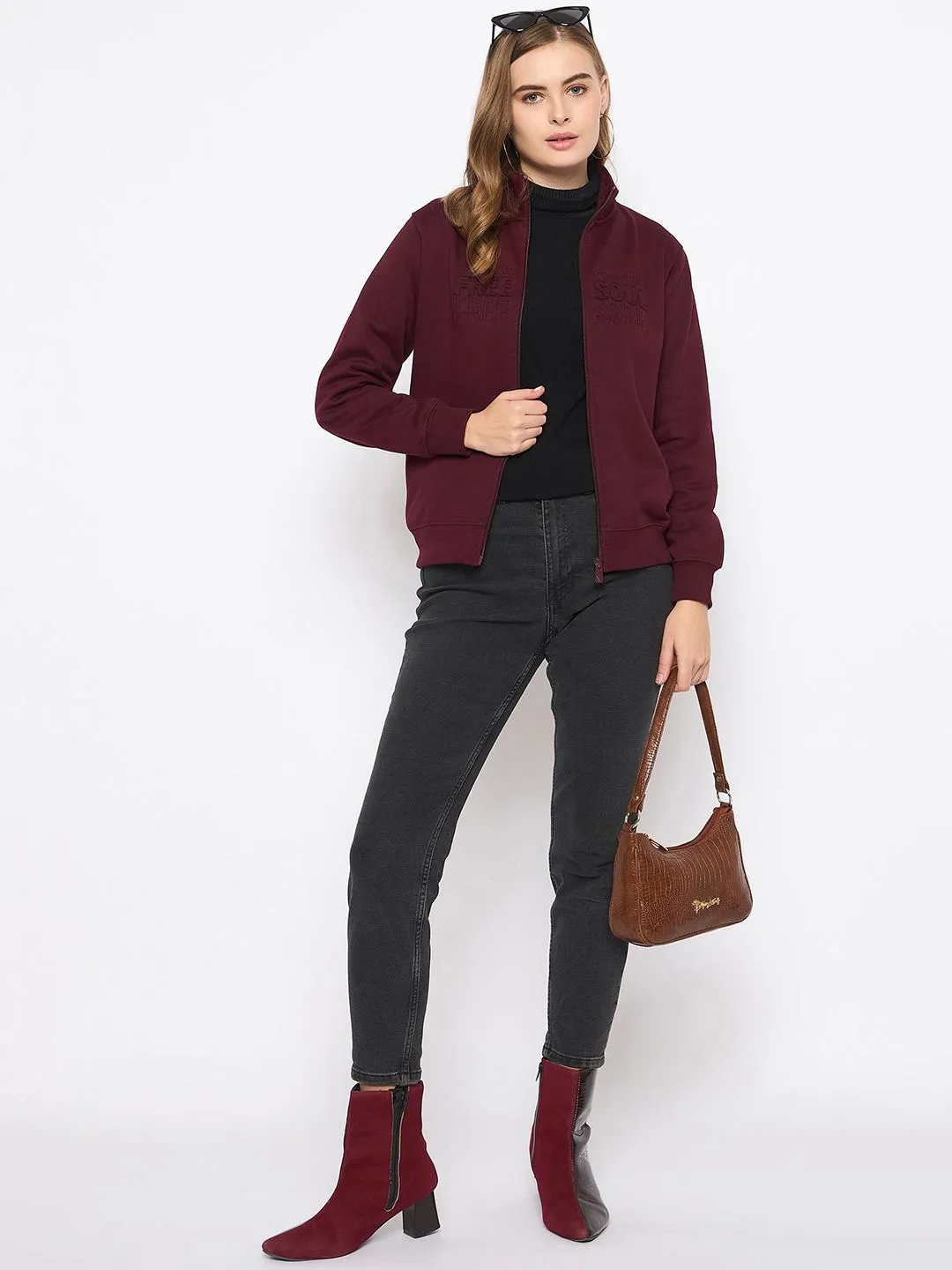 Madame Embroidery Detailied Wine Fleece Sweatshirt Sporty Wearable