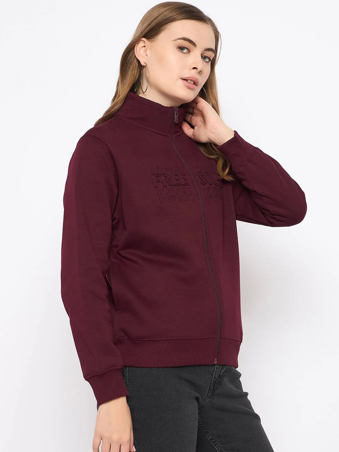 Tight Fit Madame Embroidery Detailied Wine Fleece Sweatshirt