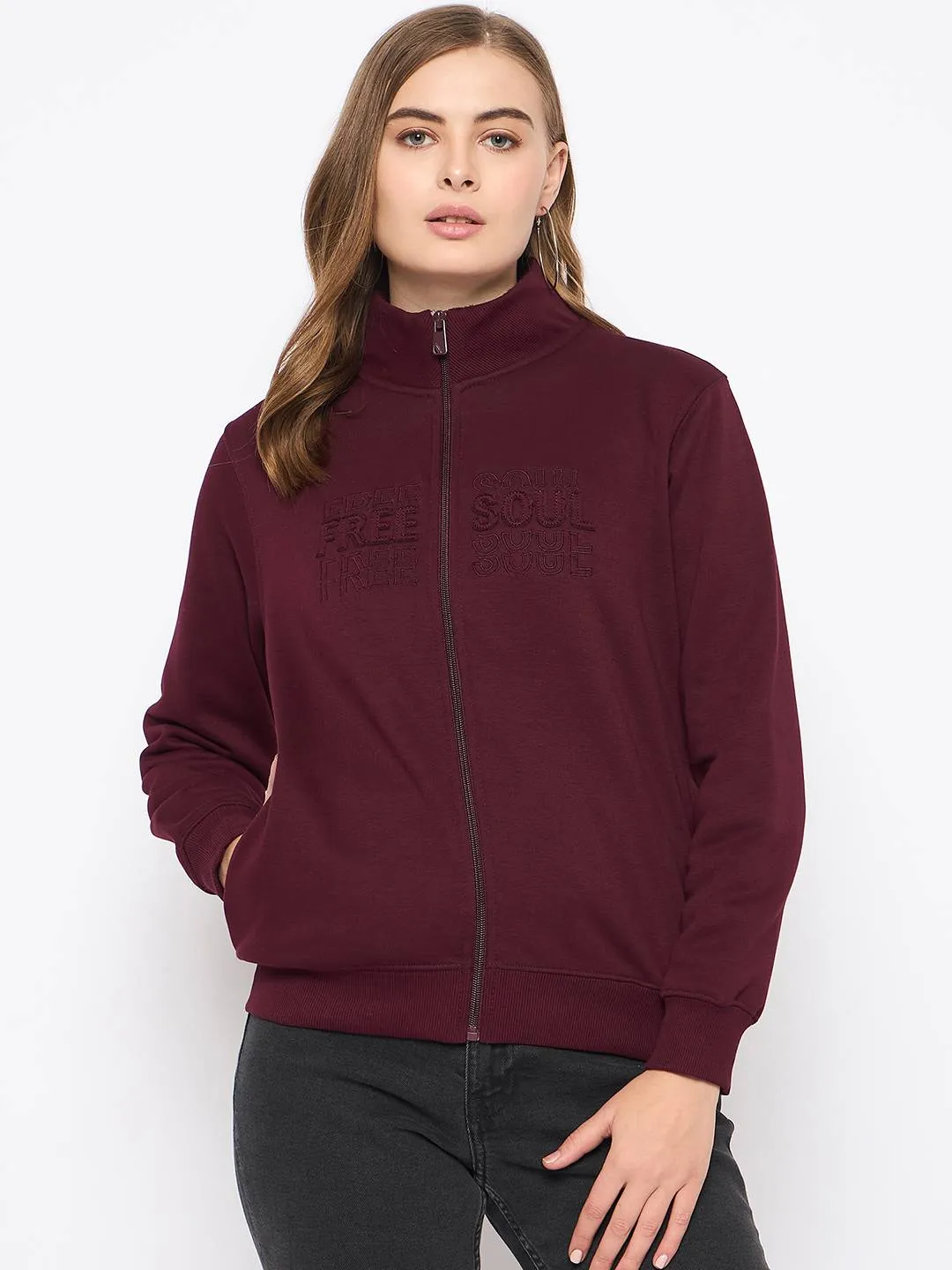 Madame Embroidery Detailied Wine Fleece Sweatshirt Muscular Frame Effortless Style