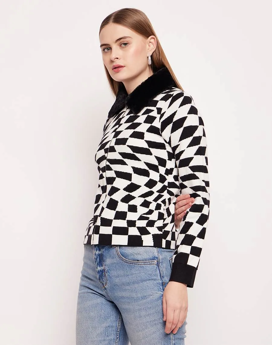 Madame Faux Fur Collar And Cuffs Geometric Print Off-White Sweater Timeless Style