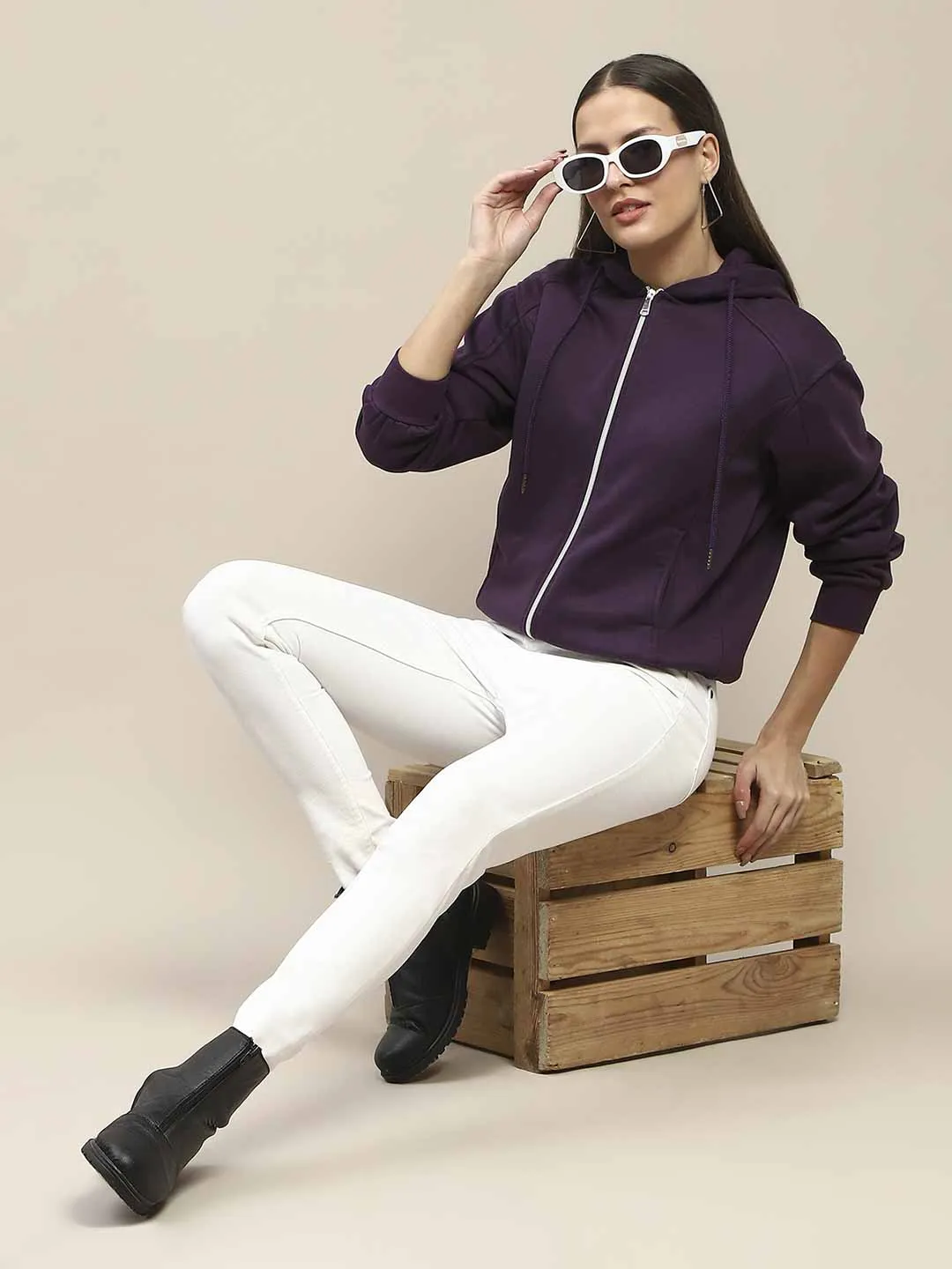 Madame Fleece Cut And Sew Detailed Zipped Purple Hoodie Brand Name