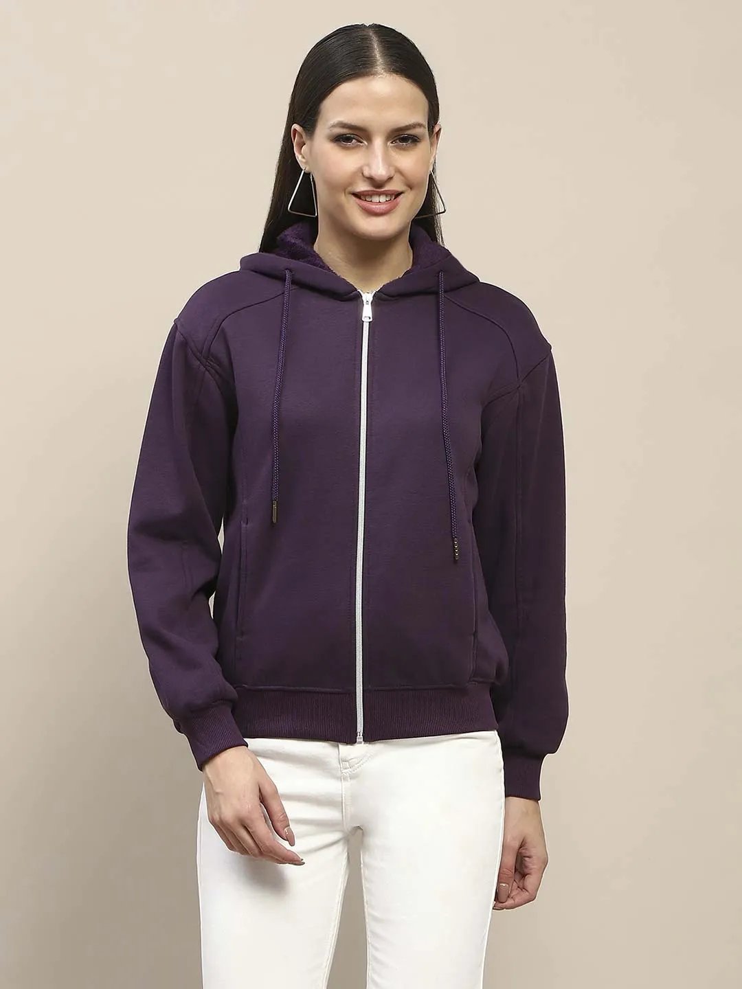 Chill Layers product rhinestone glamour Madame Fleece Cut And Sew Detailed Zipped Purple Hoodie