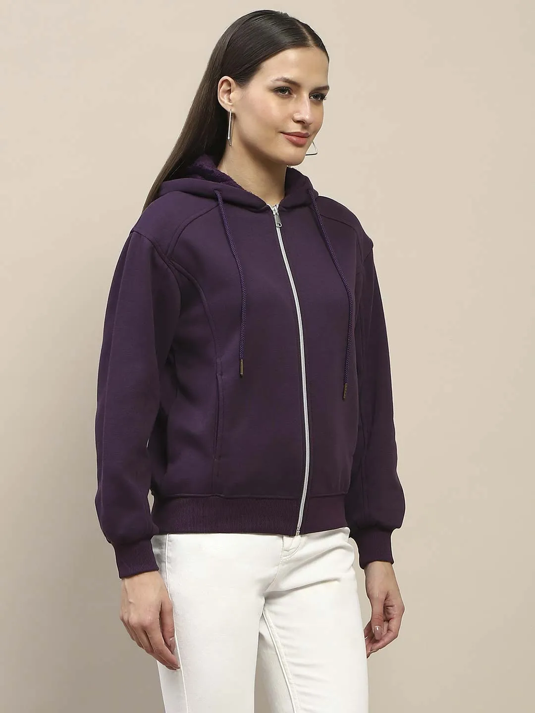Madame Fleece Cut And Sew Detailed Zipped Purple Hoodie product budget friendly choice