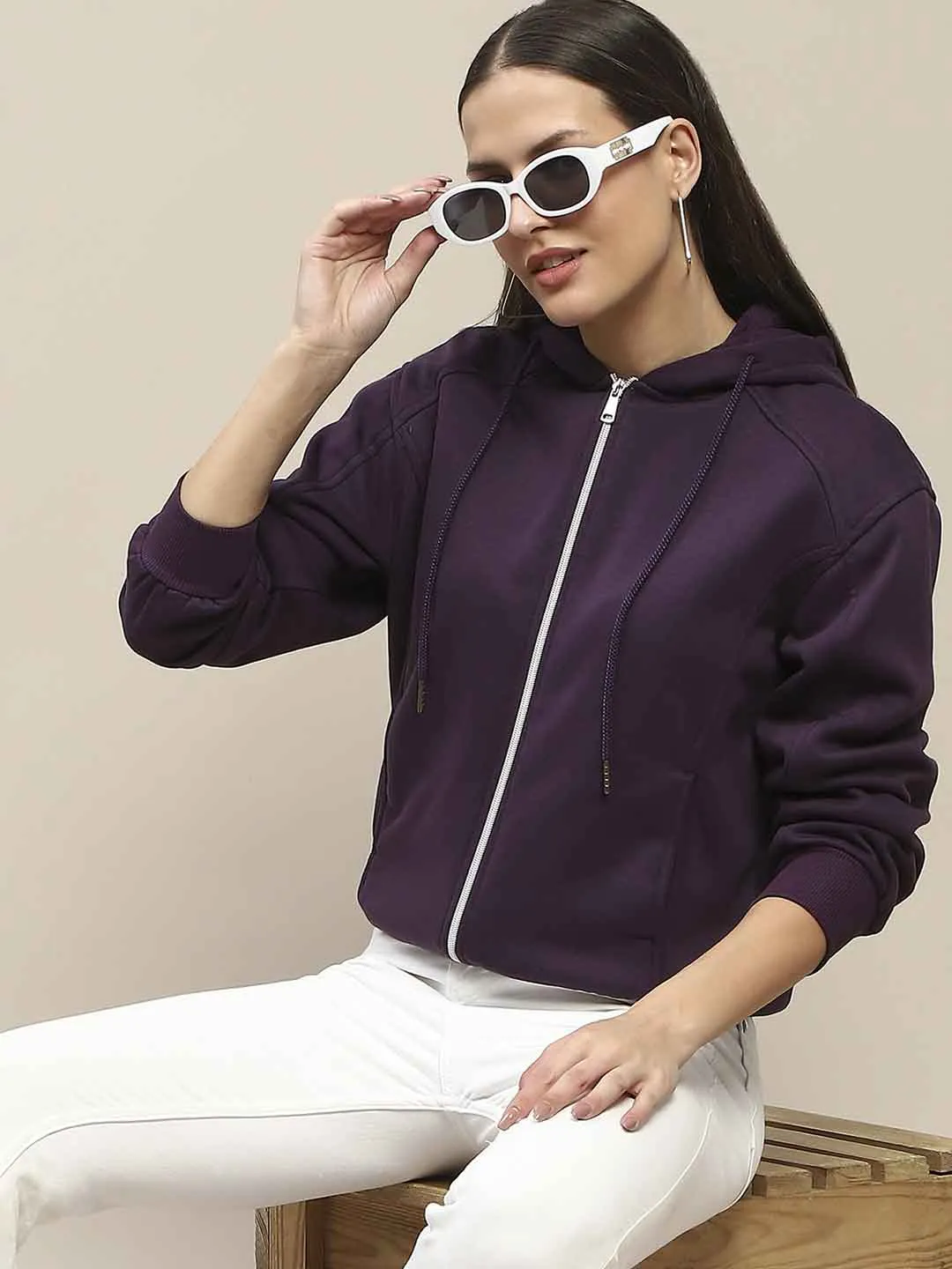 product tropical vibrancy Madame Fleece Cut And Sew Detailed Zipped Purple Hoodie