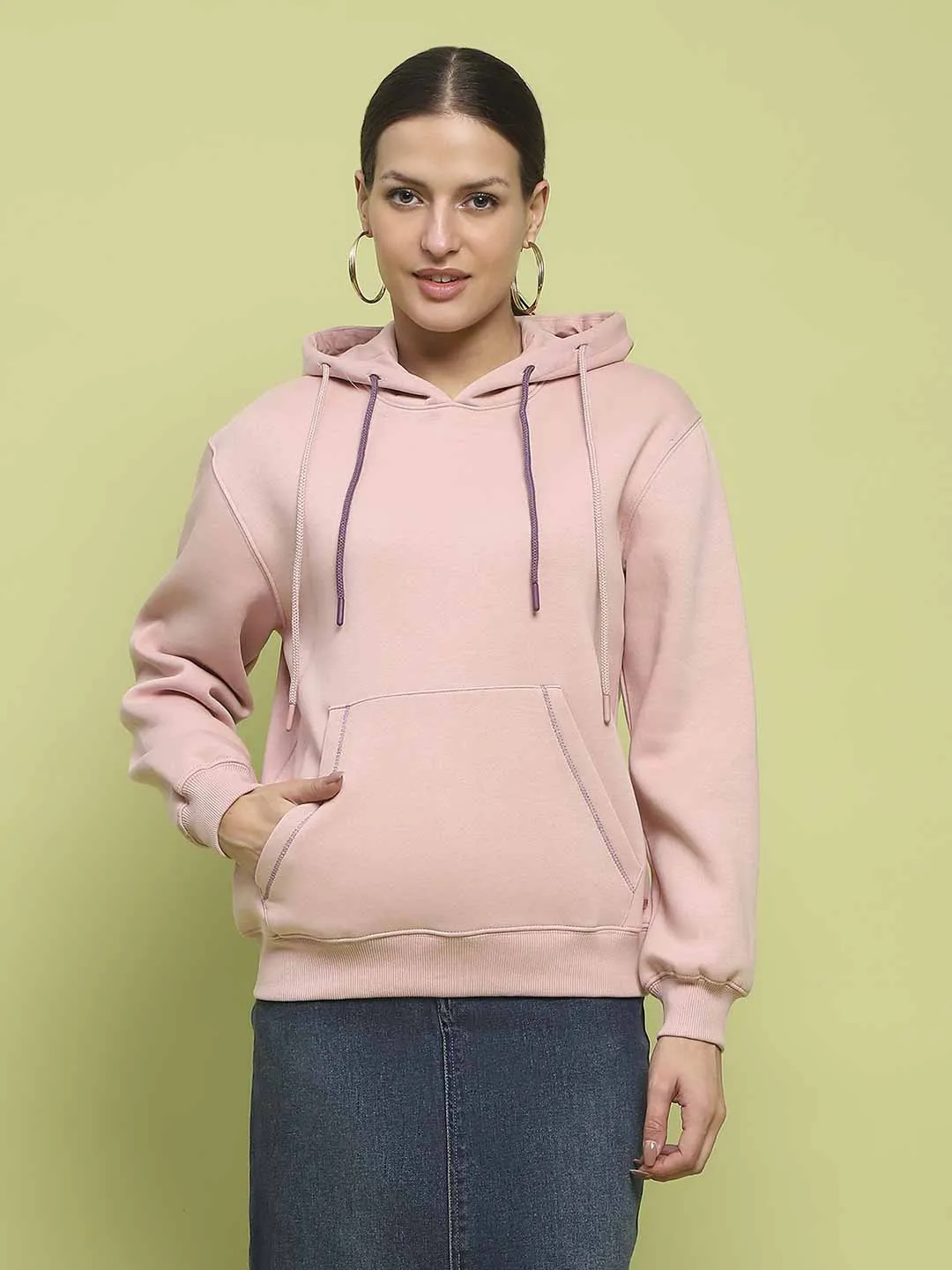 Casual Style Suede Madame Fleece Double Drawstring Hooded Dusty Pink Sweatshirt