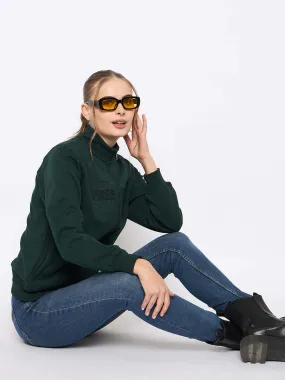 Cozy Collection Brunch Style Madame Fleece Embroidery Detailed Turtleneck Bottle Green Sweatshirt