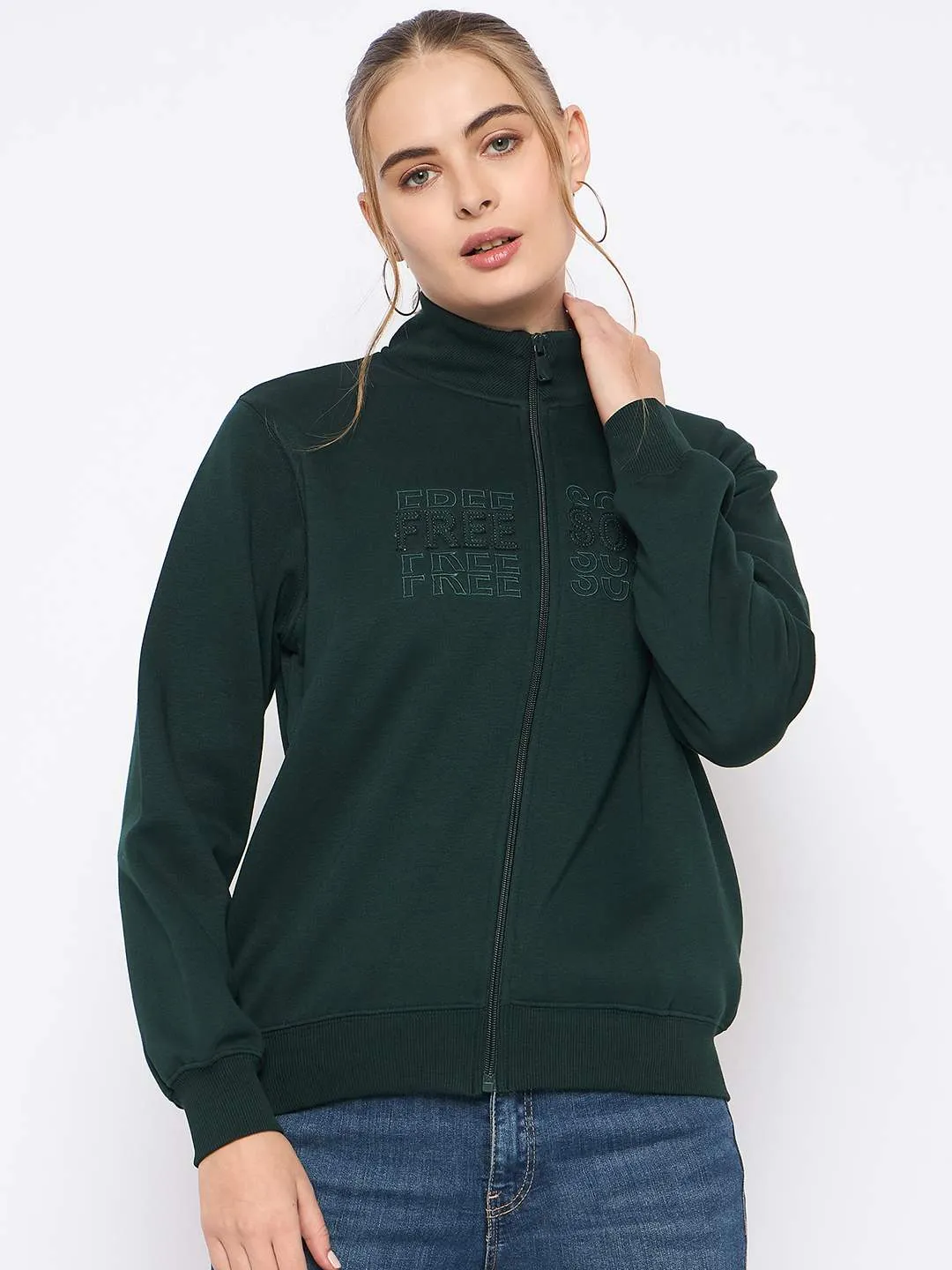 Madame Fleece Embroidery Detailed Turtleneck Bottle Green Sweatshirt Comfortable Wear