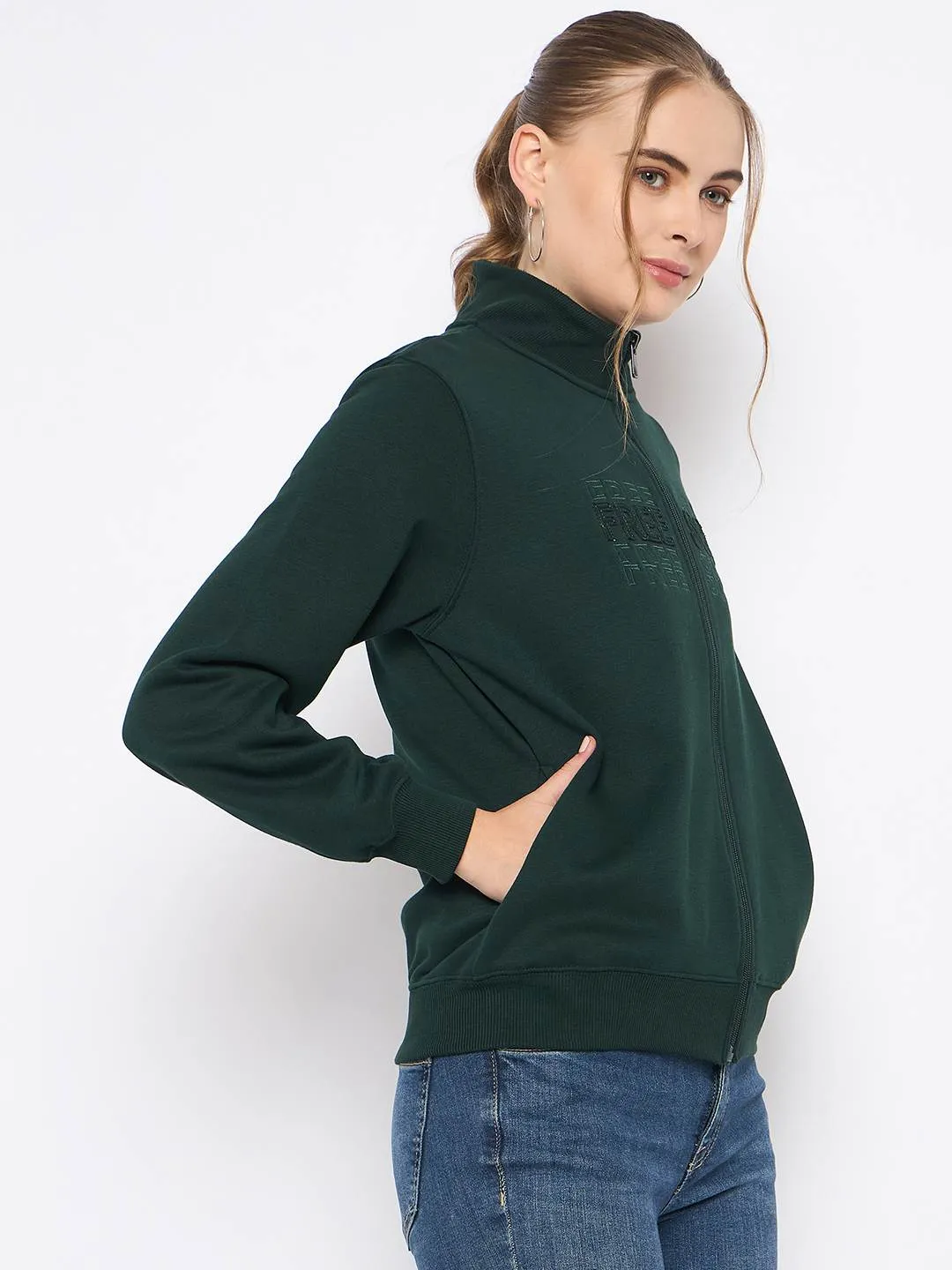 Madame Fleece Embroidery Detailed Turtleneck Bottle Green Sweatshirt Cozy Design Chic Design
