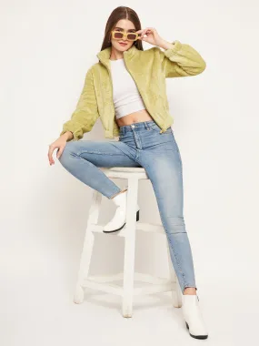 Fashion Basic Printed Madame Fleece Mock Neck Apple Green Sweatshirt