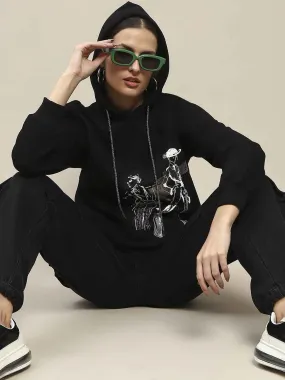 Cozy Gear product herringbone texture Madame Fleece Placement Print Black Hooded Sweatshirt