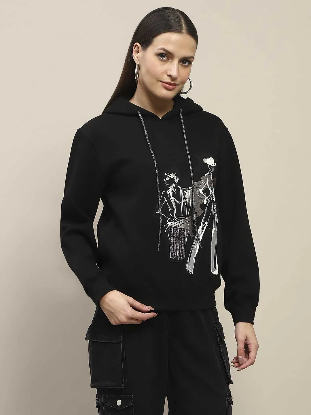 Madame Fleece Placement Print Black Hooded Sweatshirt product lanyard visibility