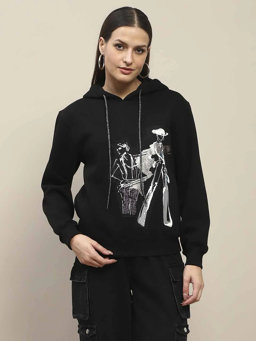 Madame Fleece Placement Print Black Hooded Sweatshirt Essentials Wear Chill Look