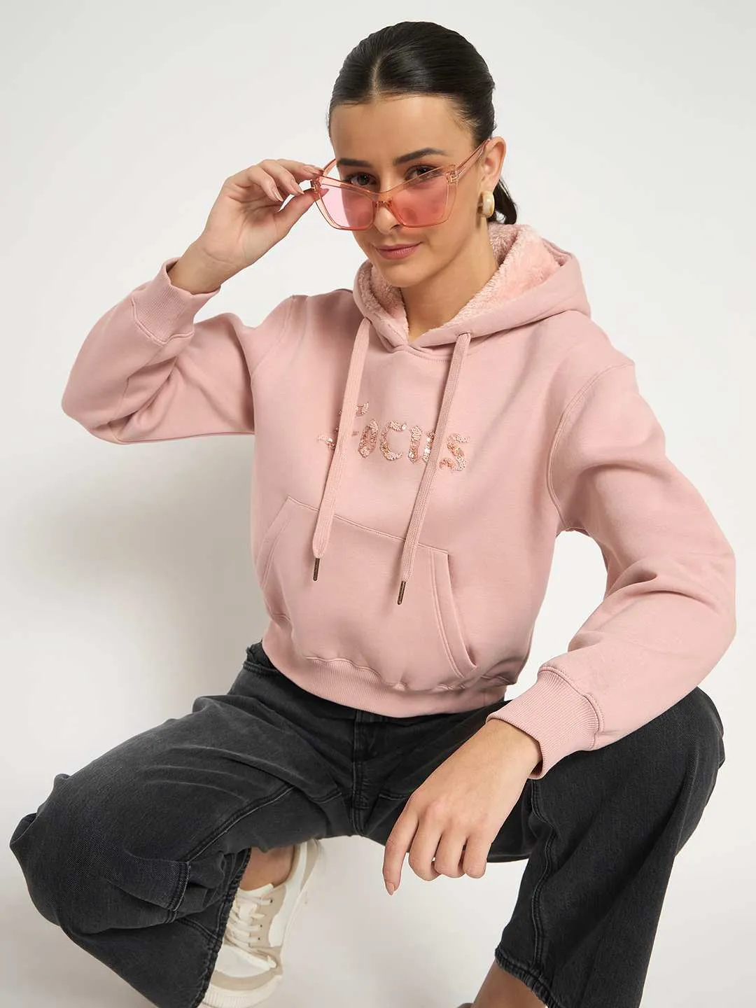 Madame Fleece Placement Printed Handwork Detailed Dusty Pink Sweatshirt Moisture wicking