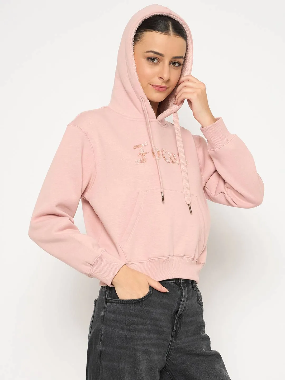 Comfort Design budget-friendly Madame Fleece Placement Printed Handwork Detailed Dusty Pink Sweatshirt