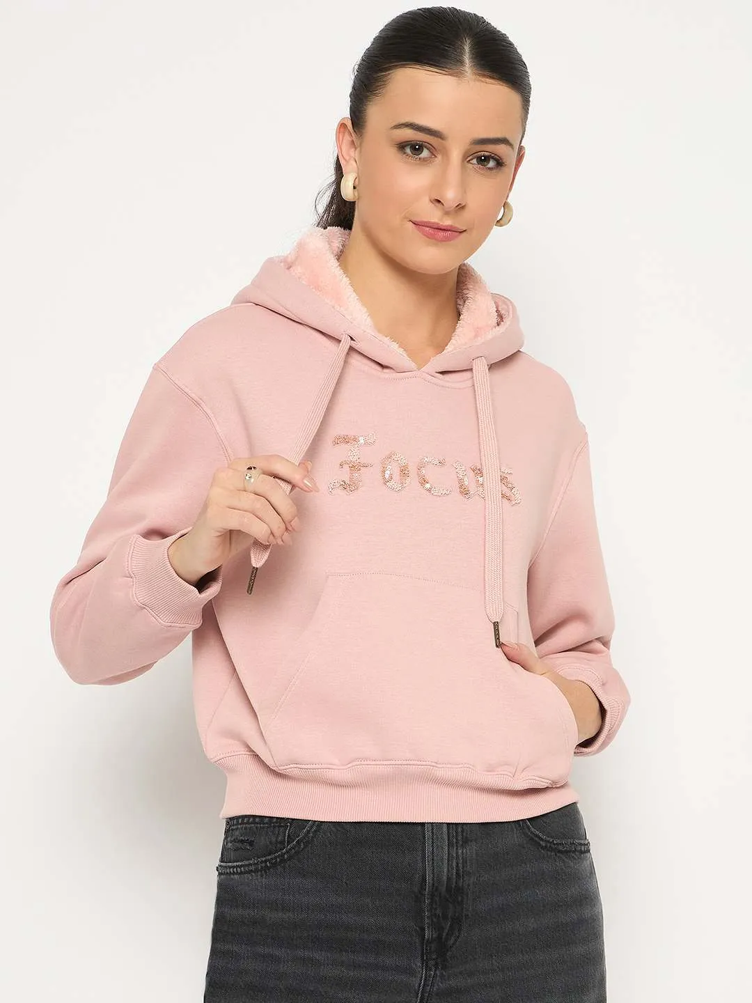 Madame Fleece Placement Printed Handwork Detailed Dusty Pink Sweatshirt product ribbon playfulness