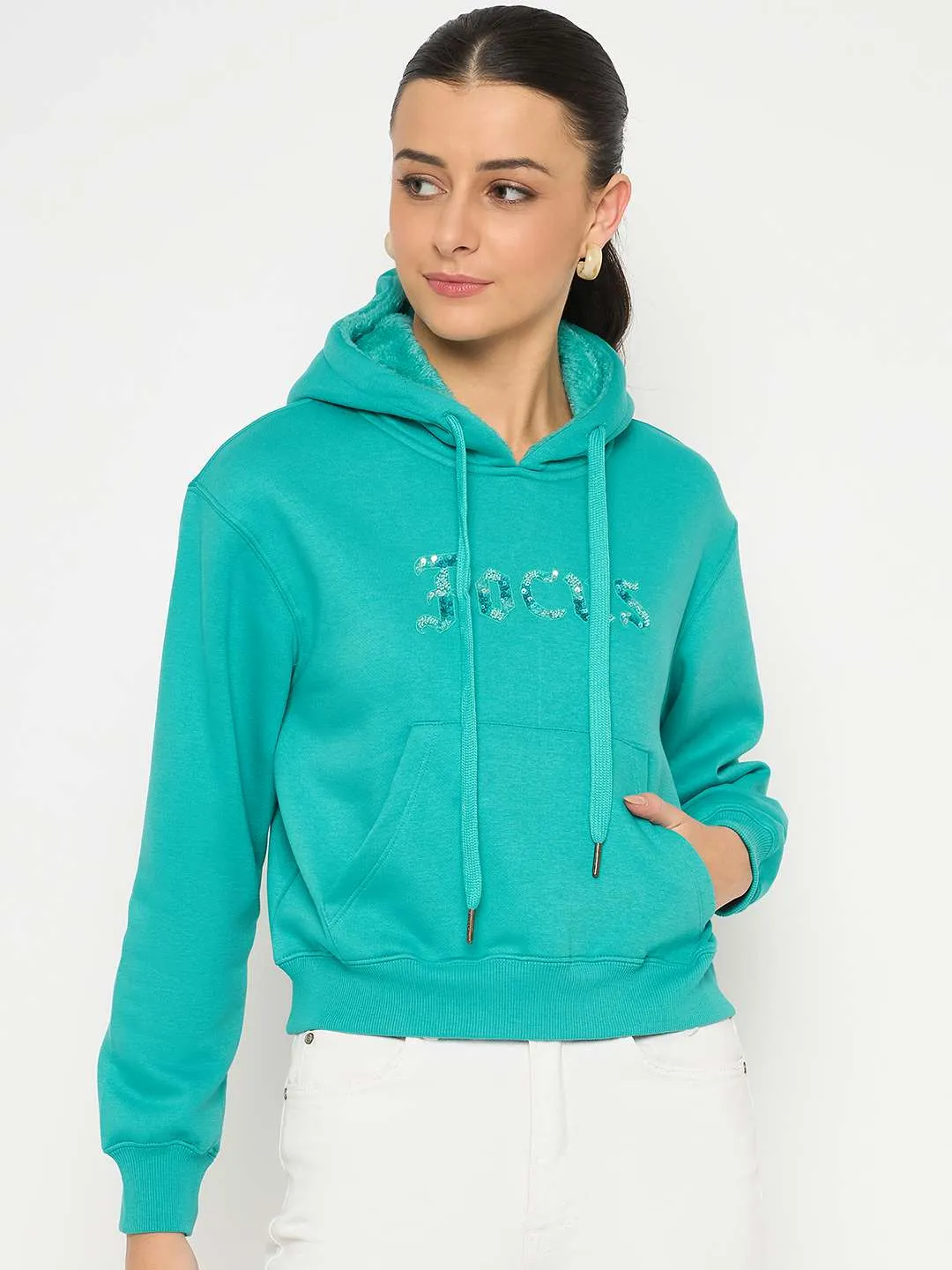 Madame Fleece Placement Printed Handwork Detailed Turquoise Sweatshirt Simple Layer goes with sandals