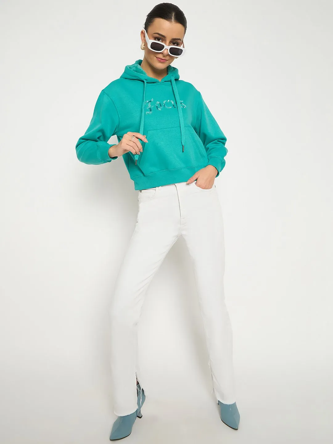 Madame Fleece Placement Printed Handwork Detailed Turquoise Sweatshirt Chill Style