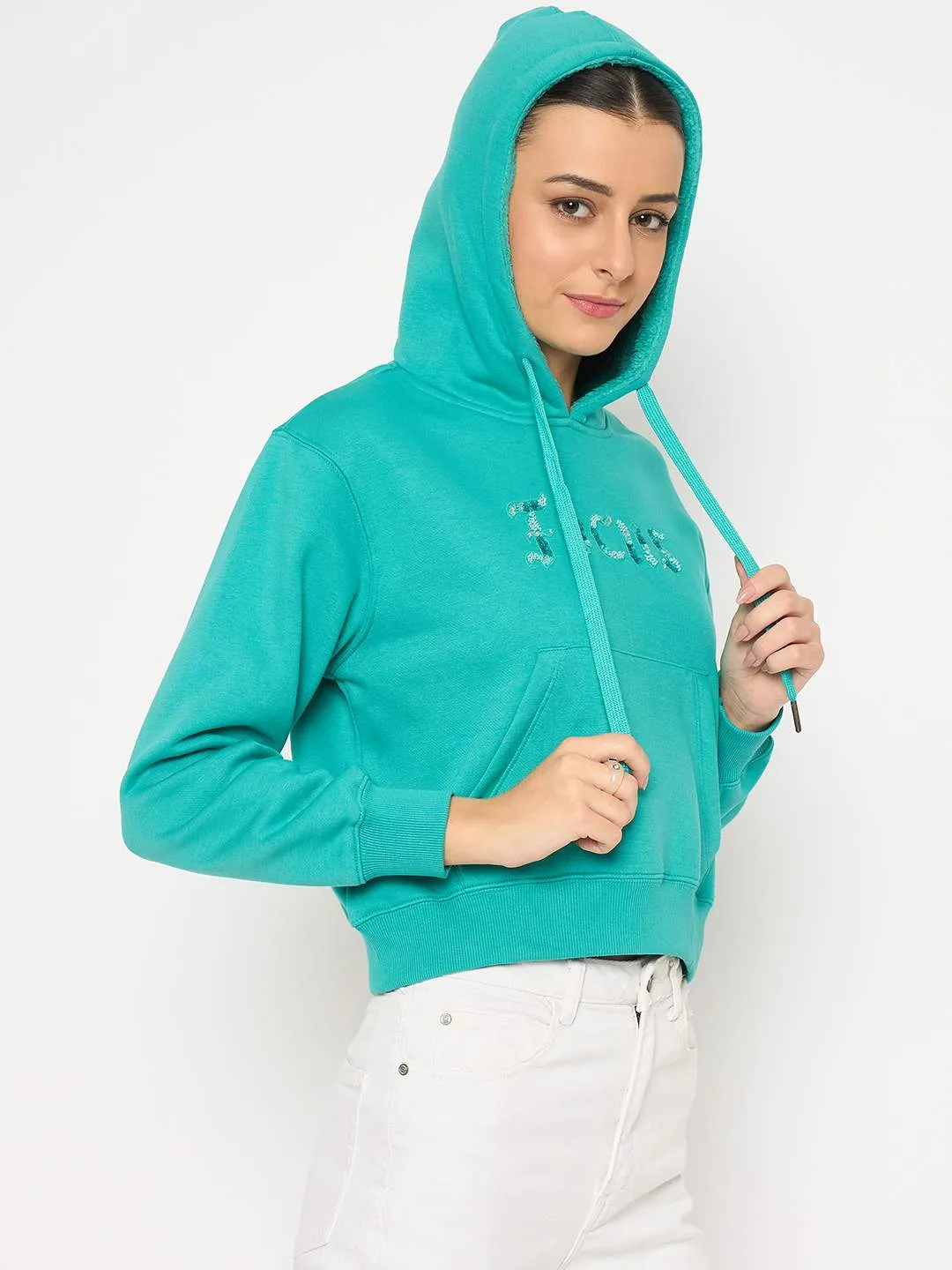 Madame Fleece Placement Printed Handwork Detailed Turquoise Sweatshirt product safety Sporty Design