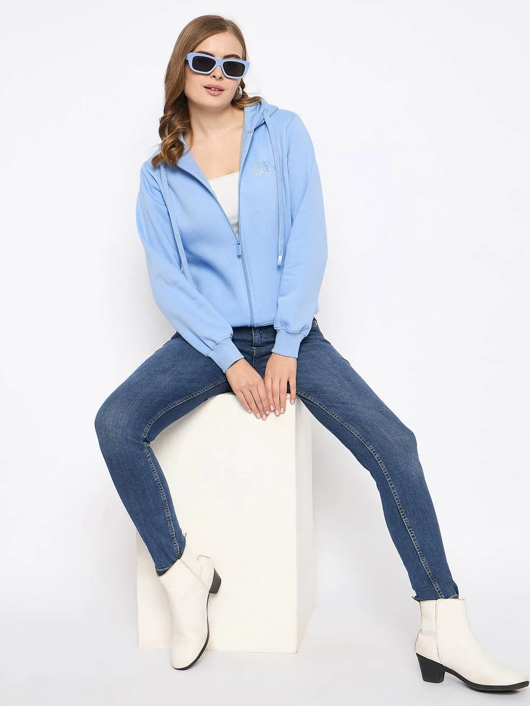 Madame Fleece Placement Printed Zipped Powder Blue Hooded Sweatshirt Cozy Vibe bag accents