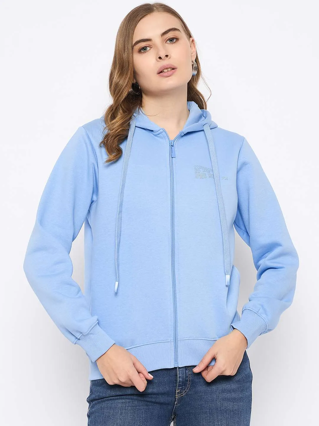 Athleisure Wear Unique selling points Madame Fleece Placement Printed Zipped Powder Blue Hooded Sweatshirt