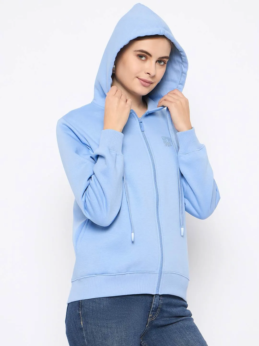 Hiking Essential appropriate for hiking Madame Fleece Placement Printed Zipped Powder Blue Hooded Sweatshirt