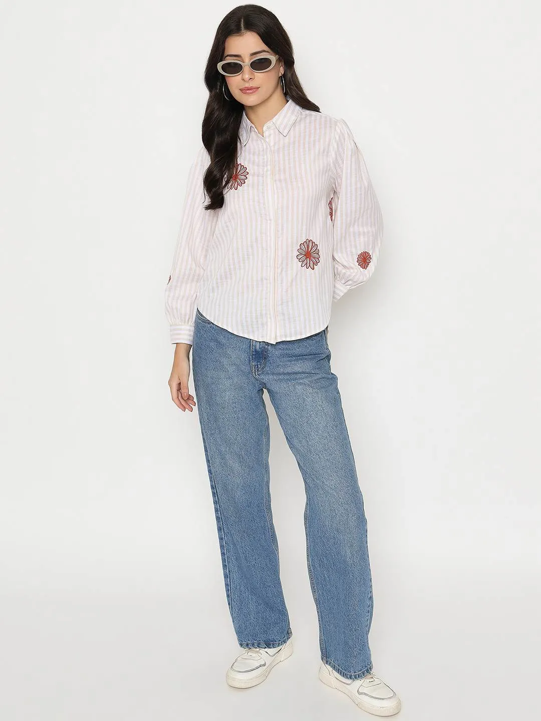 Breathable Layer Madame Floral Embroidery Beige Striped Shirt