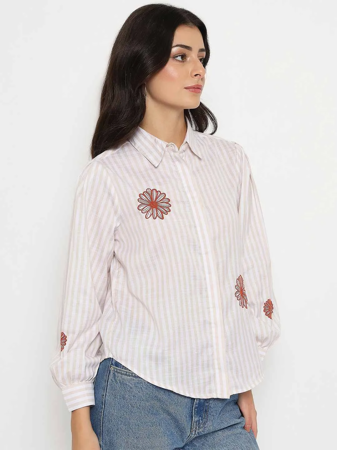 Micro Perforated Texture Madame Floral Embroidery Beige Striped Shirt