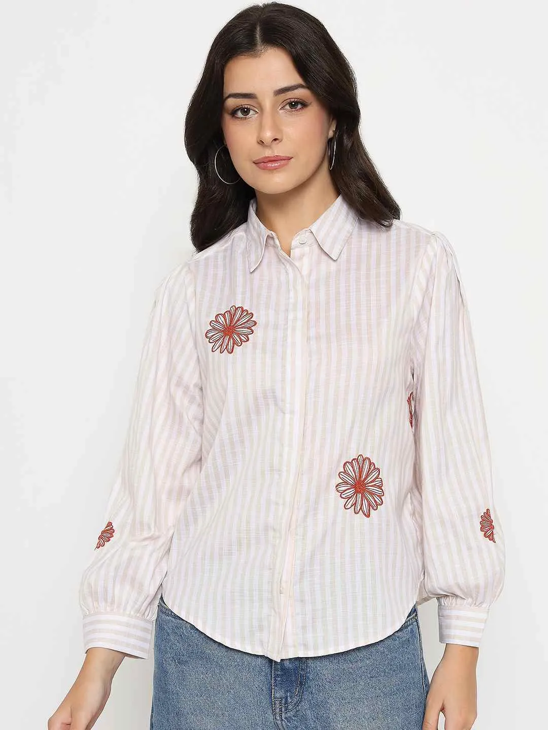 Madame Floral Embroidery Beige Striped Shirt Fashion Statement Snag Free Surface