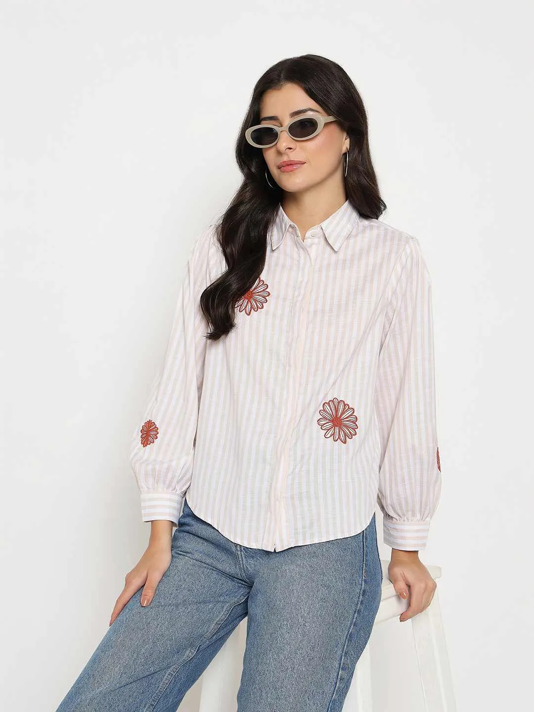 Casual Wear Madame Floral Embroidery Beige Striped Shirt
