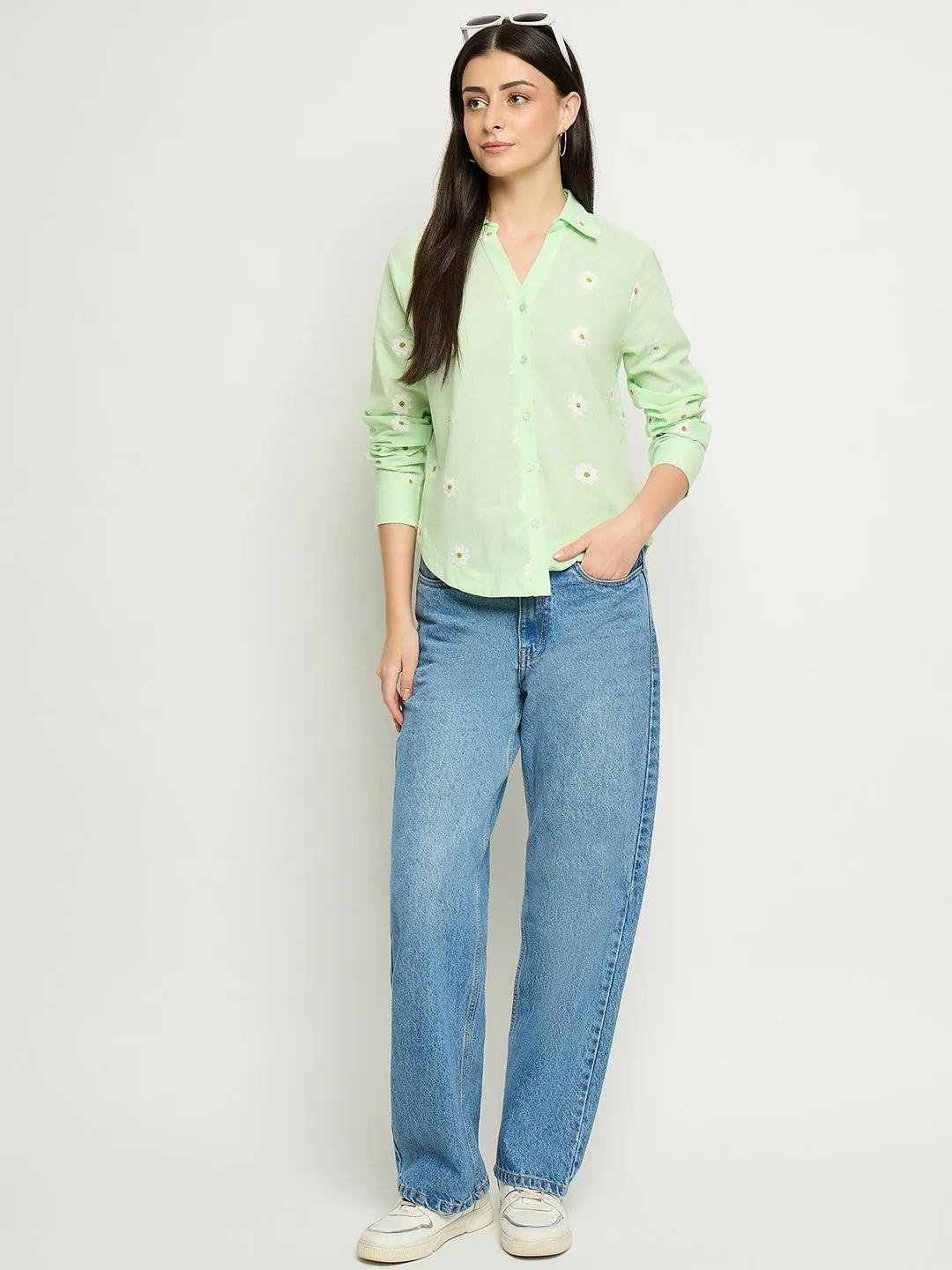 Madame Floral Embroidery Green Cotton Shirt Mature Elegance Trendy Comfort