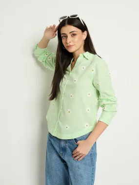 Madame Floral Embroidery Green Cotton Shirt Classic Style Versatile Outfit