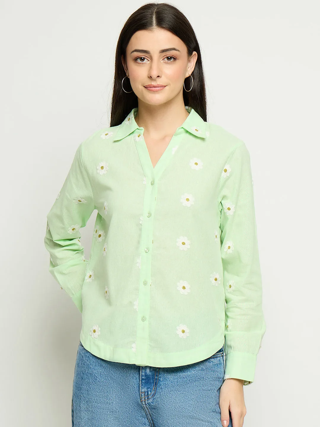 Madame Floral Embroidery Green Cotton Shirt Polished Look