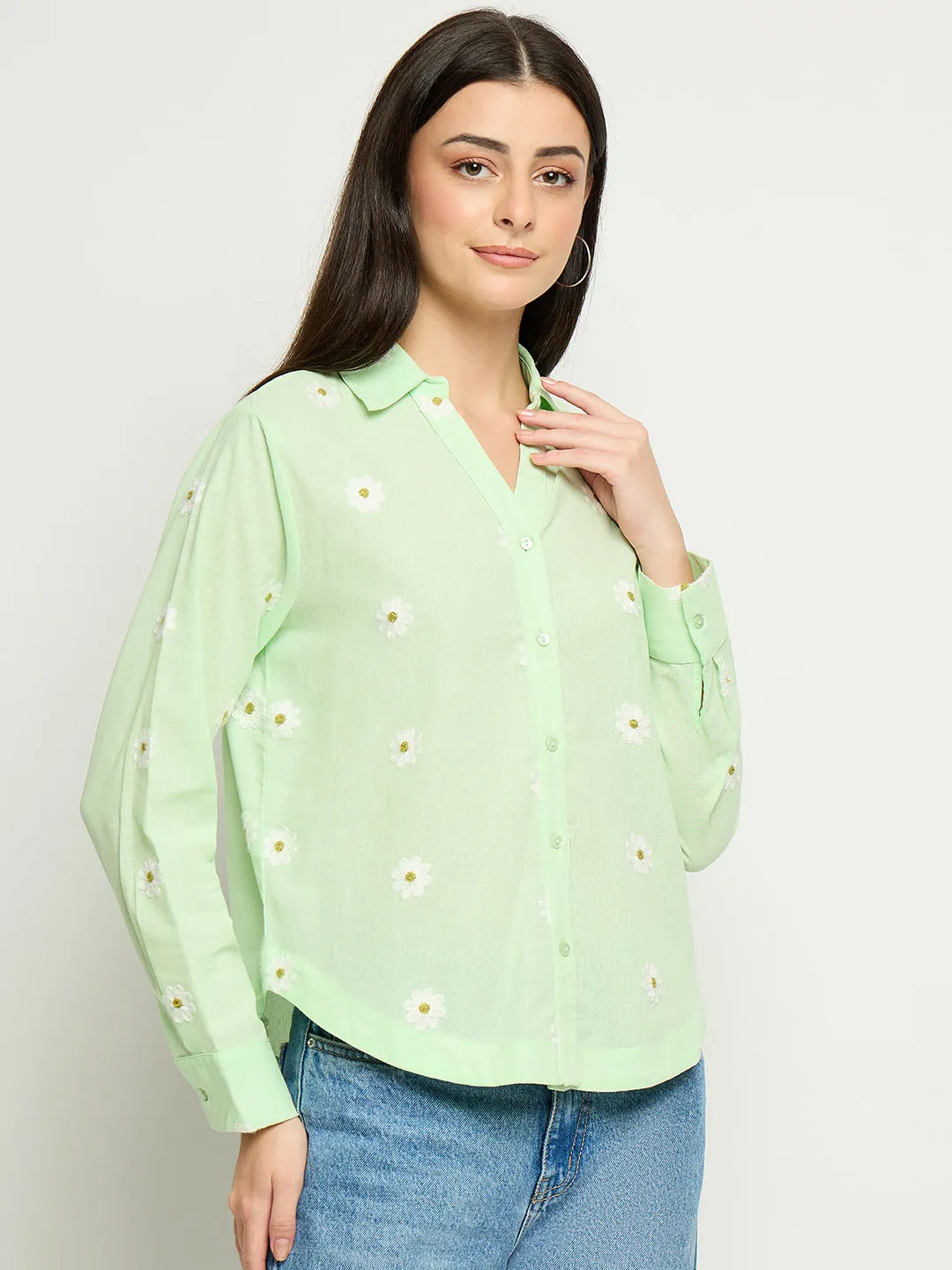 Madame Floral Embroidery Green Cotton Shirt Unisex Choice Stretch Fit Technology