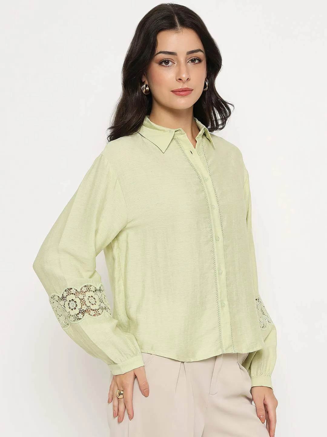 Madame Floral Lace Insertion Green Rayon Blend Shirt Sustainable Manufacturing Process Non Iron