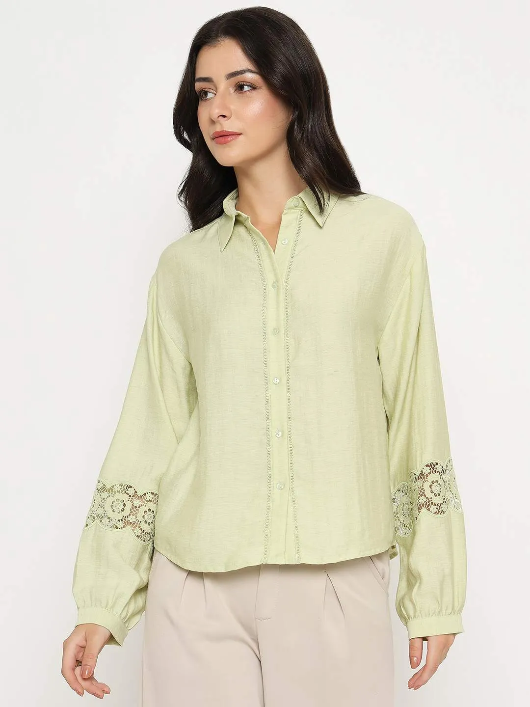 Madame Floral Lace Insertion Green Rayon Blend Shirt Cool Comfort