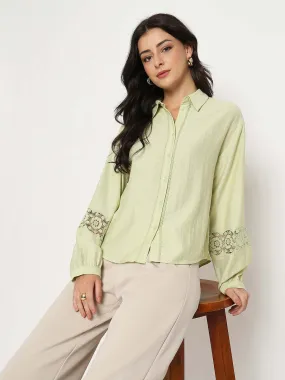 Weekend Casual Madame Floral Lace Insertion Green Rayon Blend Shirt