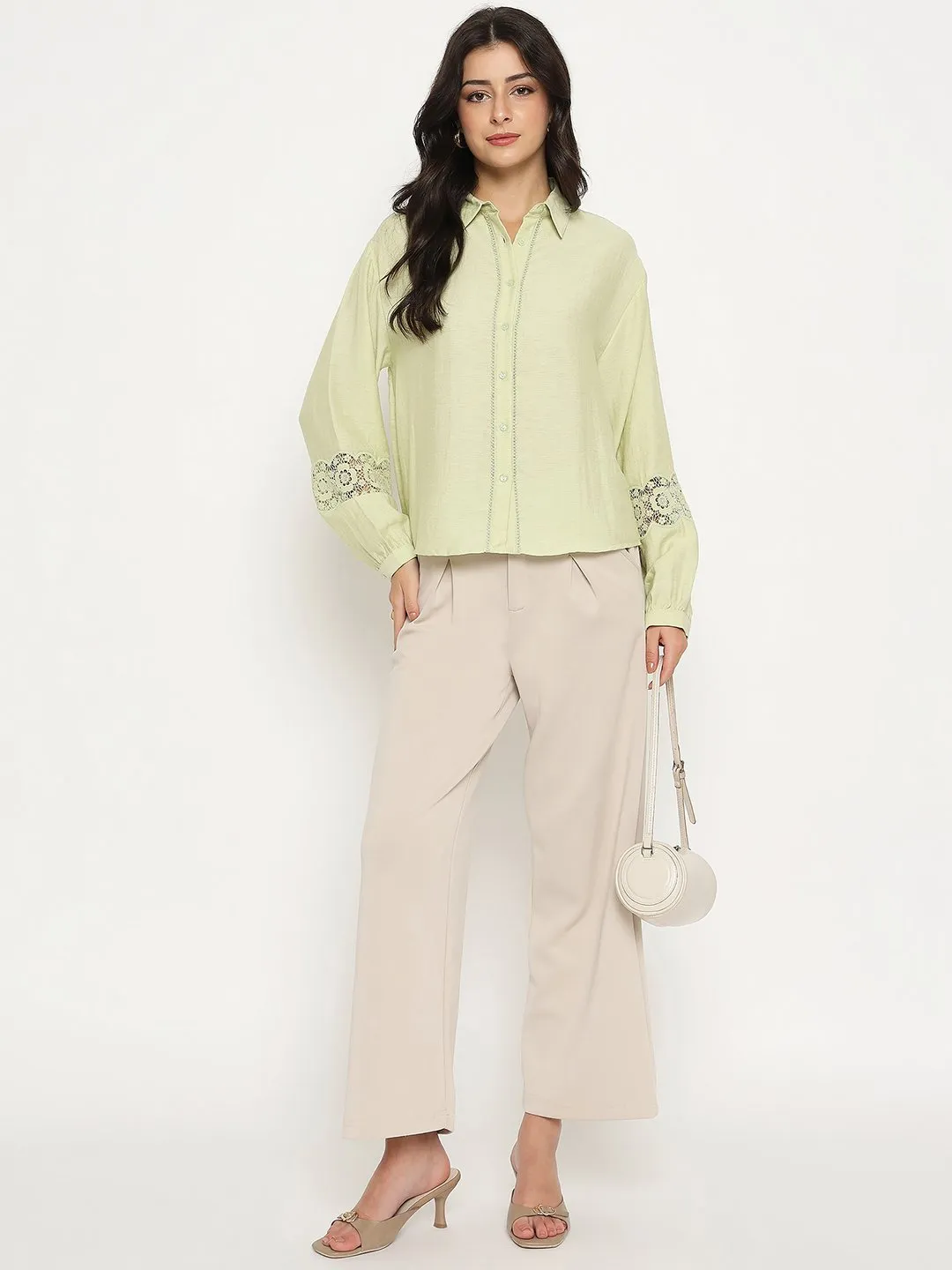 Madame Floral Lace Insertion Green Rayon Blend Shirt Temperature Regulating All day wearability