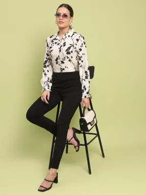 Corporate Retreat Madame Floral Print Buttoned Front Collared Off White Shirt