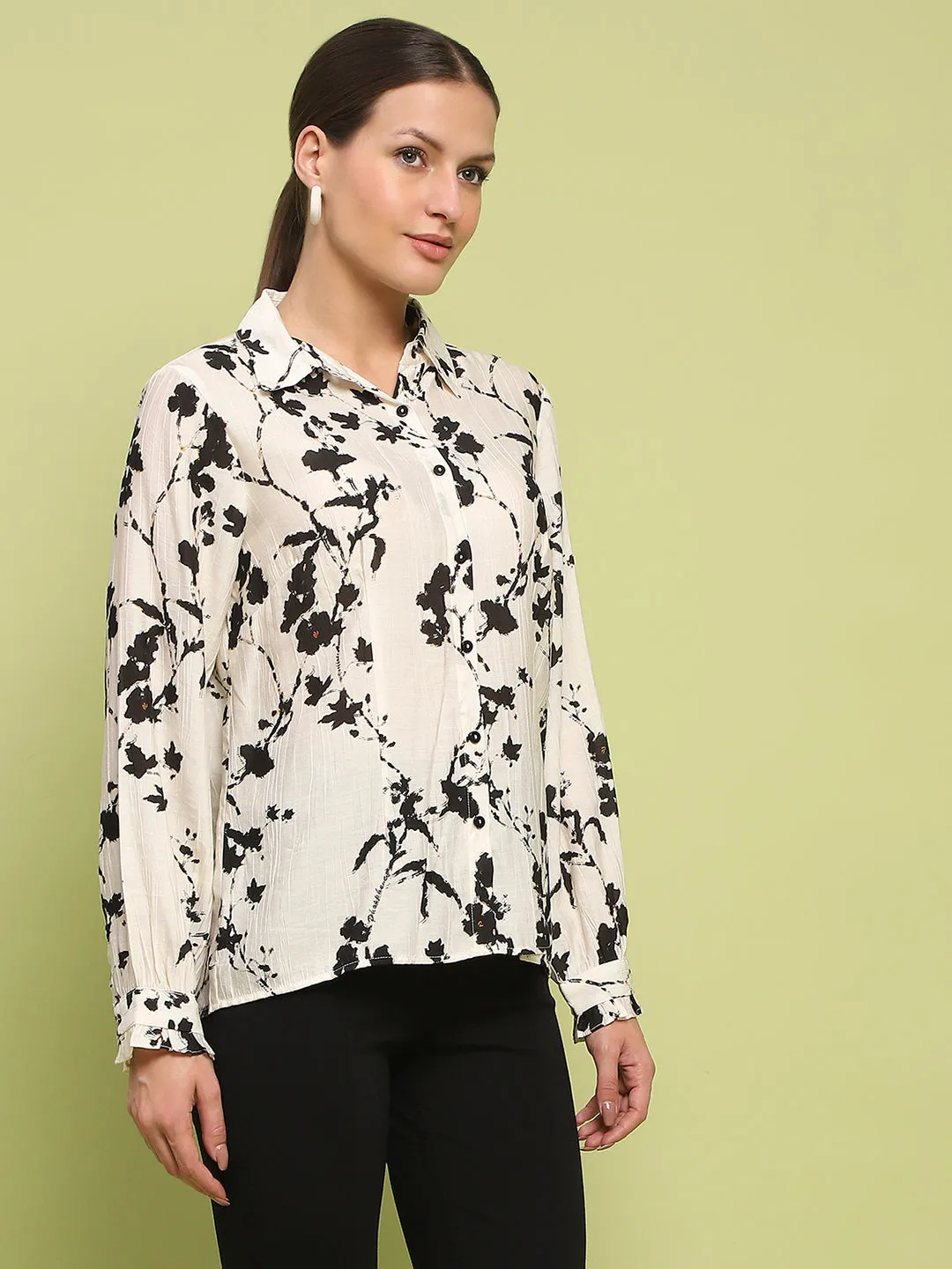 Madame Floral Print Buttoned Front Collared Off White Shirt Travel Friendly Active Lifestyle