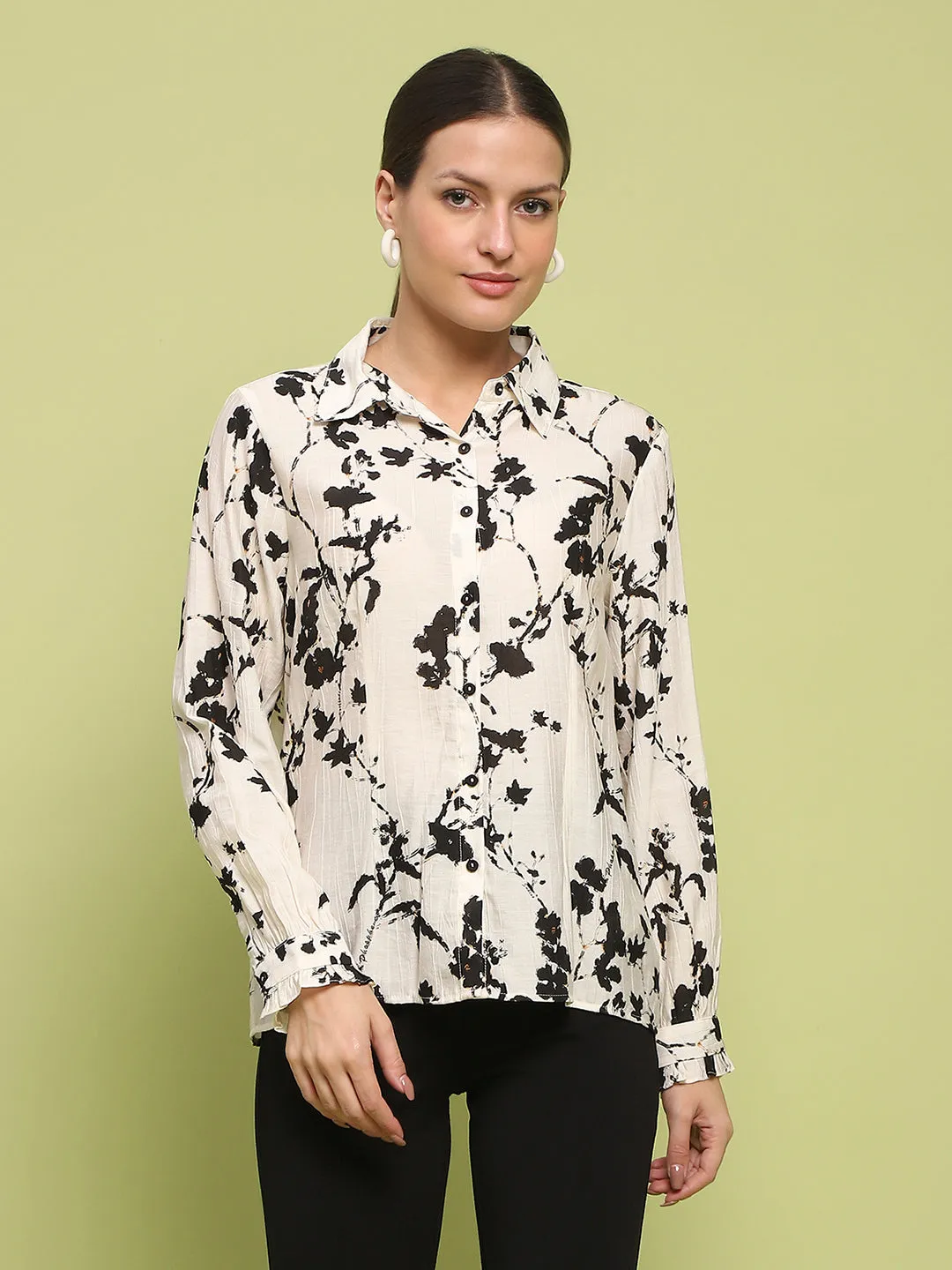 Anti-static Quick Release Placket Madame Floral Print Buttoned Front Collared Off White Shirt