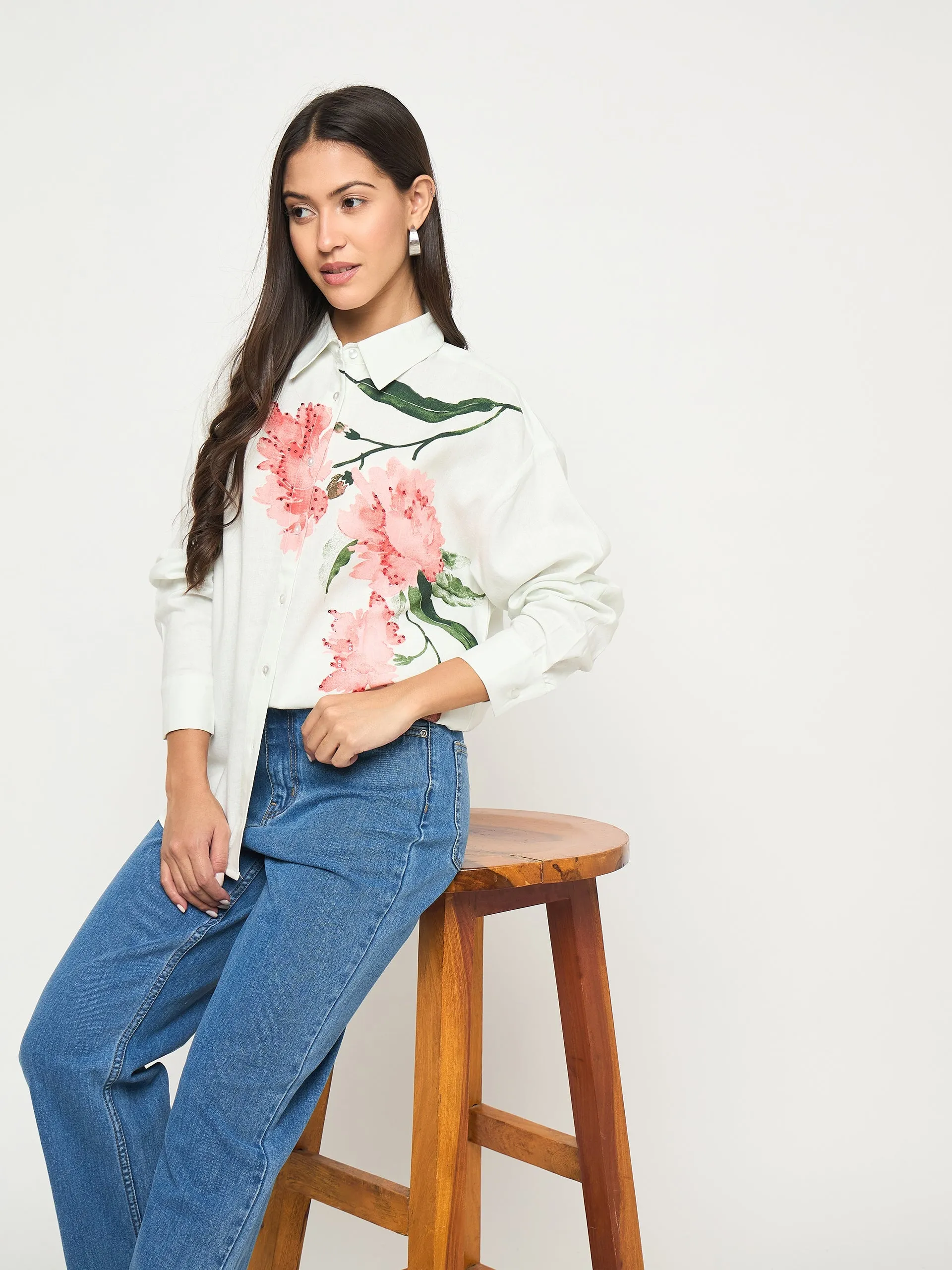 Madame Floral Print Light Green Viscose Blend Shirt Unstructured Shoulder