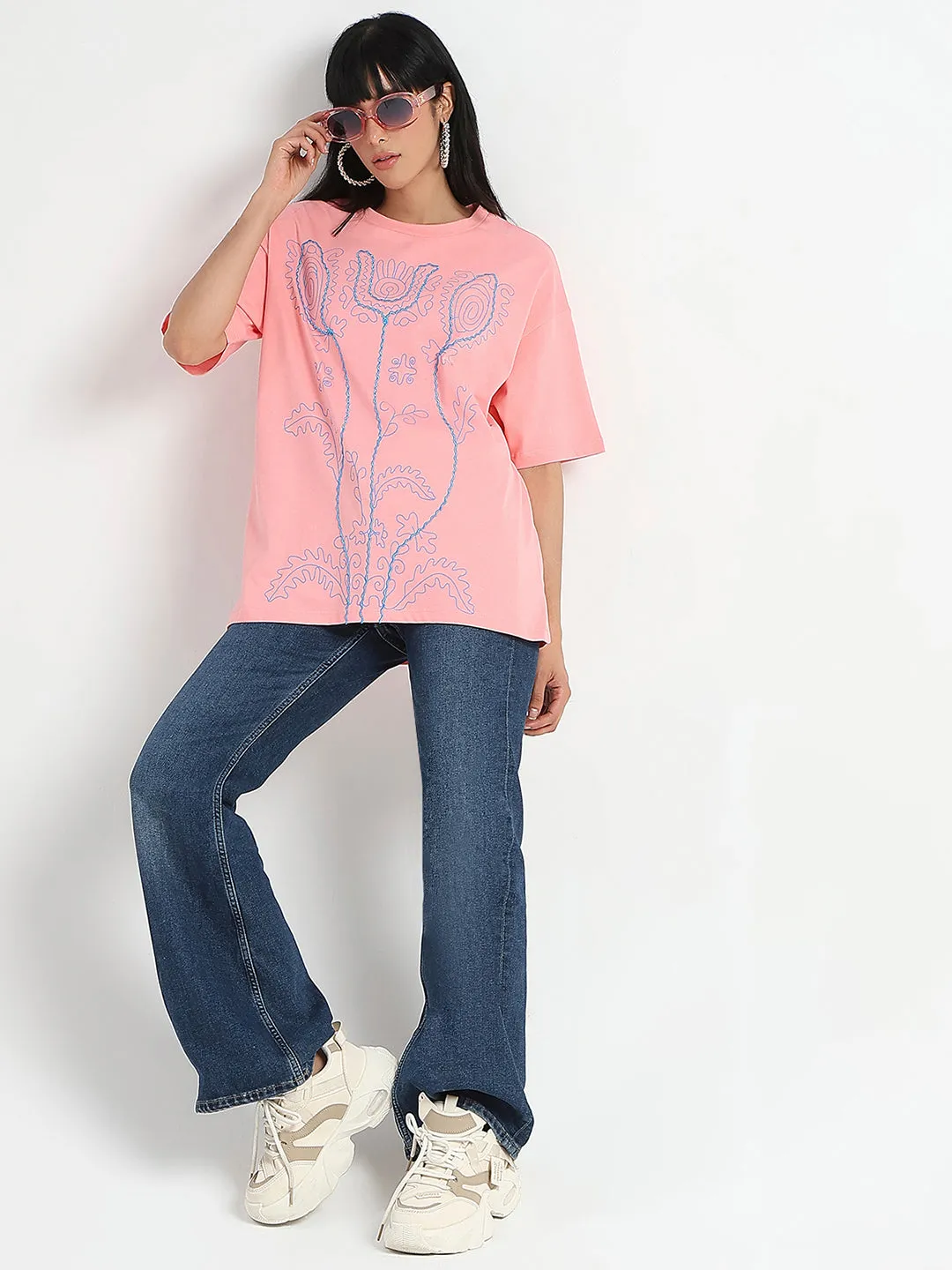 Madame Floral Print Oversize Fit  Peach Cotton T-shirt Urban Fashion Look