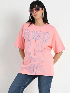 Madame Floral Print Oversize Fit  Peach Cotton T-shirt Sleek Design