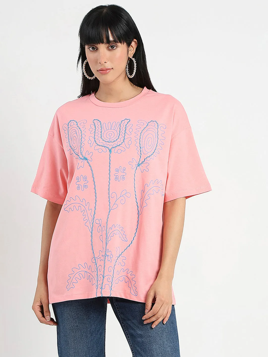 Madame Floral Print Oversize Fit  Peach Cotton T-shirt Easy Look