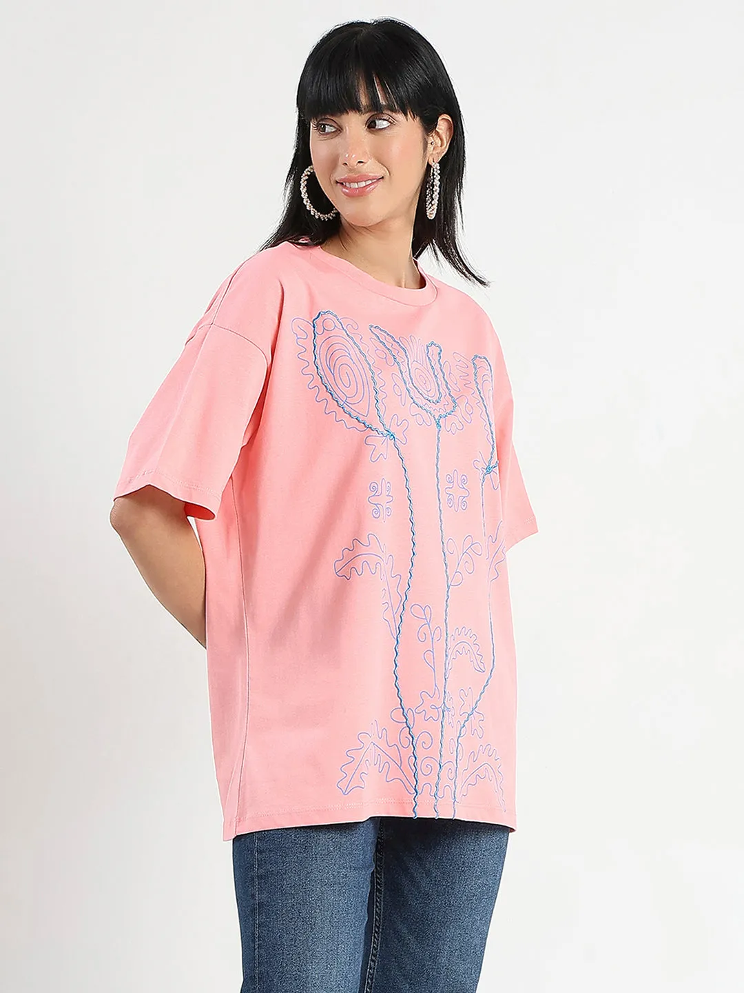 Madame Floral Print Oversize Fit  Peach Cotton T-shirt Fresh Comfort Style