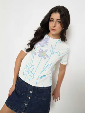 Madame Floral Print Sequin Detailed White T-Shirt Ultimate Fit Street Trendy
